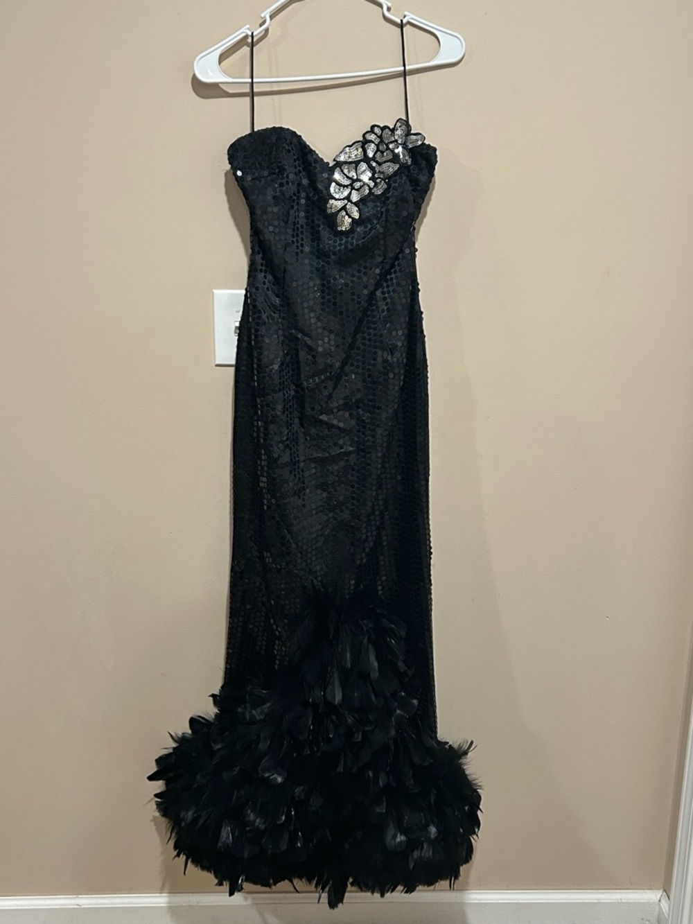 90s black sequins feather prom dress